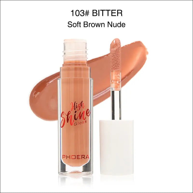 A transparent glass bottle of phoera high shine crystal lip gloss in shade 103 bitter soft brown nude for luxury women’s fashion looks