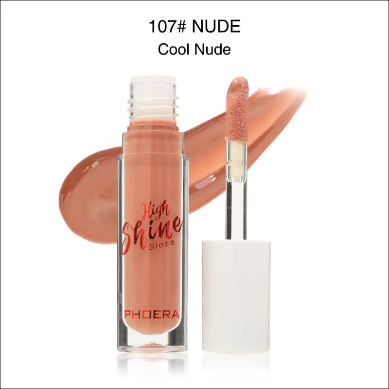 A sleek transparent bottle of phoera high shine crystal lip gloss in shade 107 nude with white cap and nude shimmer finish for luxury women’s fashion