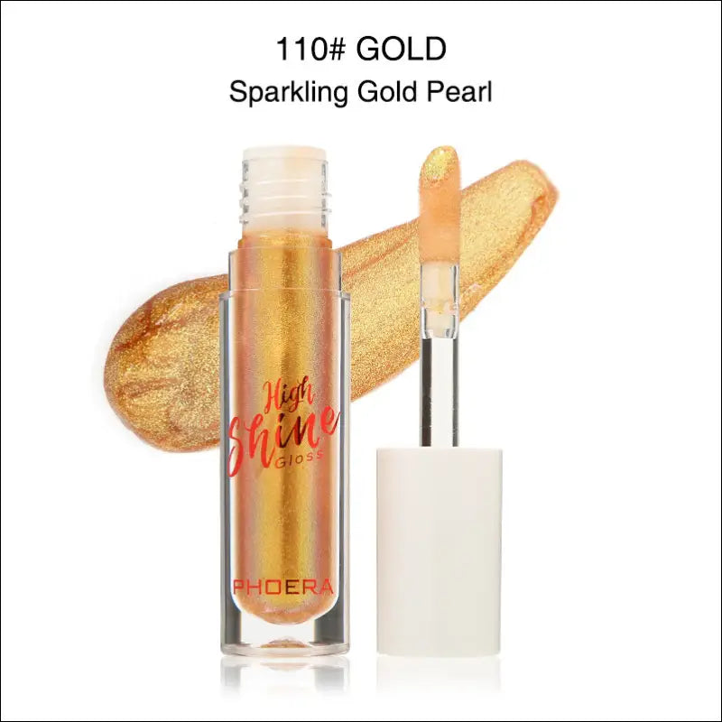 Phoera high shine crystal lip gloss in shimmering gold pearl finish for luxury women’s fashion looks