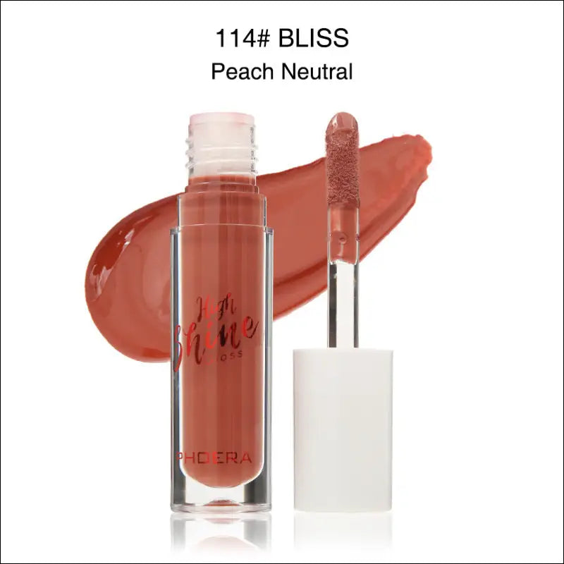 Phoera high shine crystal lip gloss in peachy nude with white cap labeled 114# bliss peach neutral for luxury women’s fashion