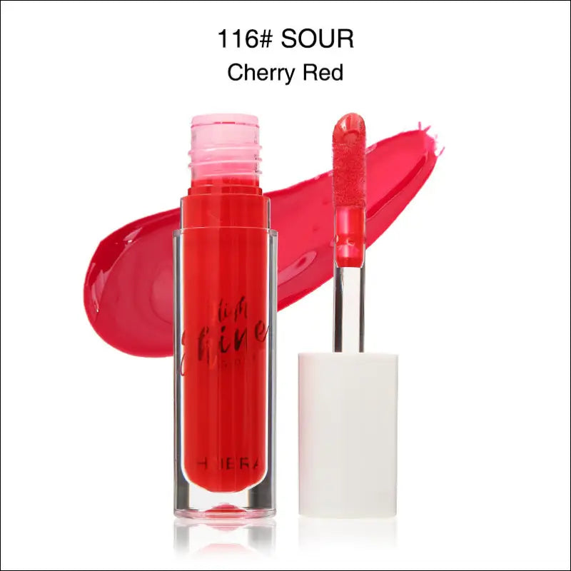 Phoera high shine crystal lip gloss in cherry red 116 in a clear glass tube with white cap for luxury women’s fashion