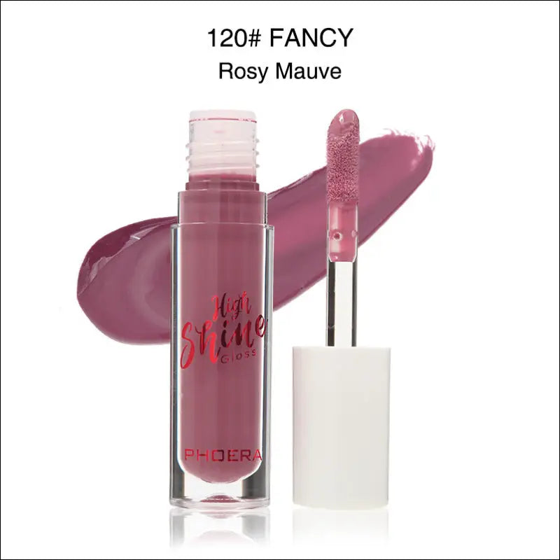 Phoera high shine crystal lip gloss in rosy mauve shade 120 fancy with silver applicator for luxury women’s fashion looks