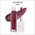 A sleek glass bottle of phoera high shine velvet lip gloss in deep grape with white cap and glossy swatch, ideal for luxury women’s fashion