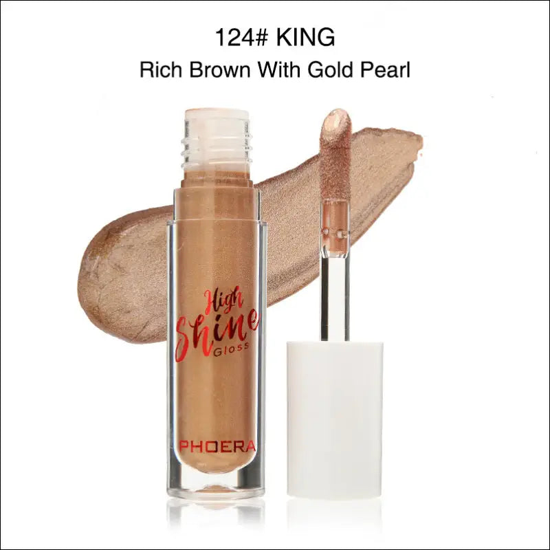 Phoera high shine crystal lip gloss in rich brown with gold pearl finish in shade 124 king for luxury women’s fashion