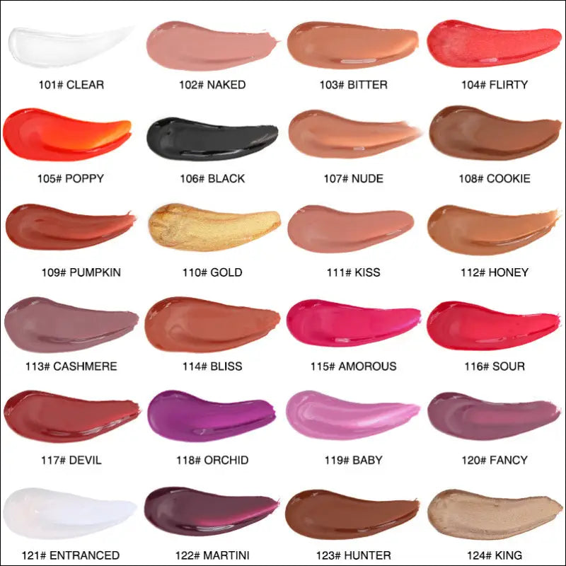 A collection of 24 vibrant phoera high shine crystal lip gloss shades featuring clear, nude, reds, pinks, purples, and browns for luxury women’s fashion