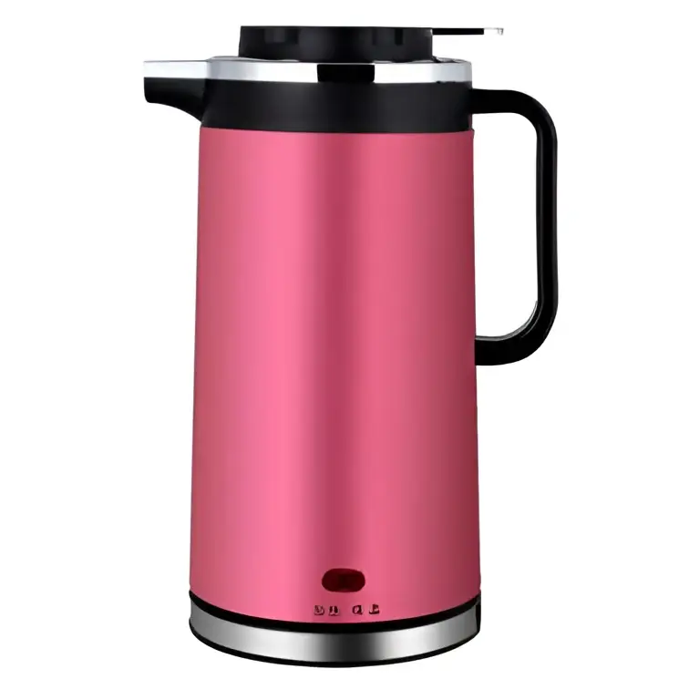 Pink 1.8l stainless steel electric kettle double insulated with black handle and lid accents for efficient boiling