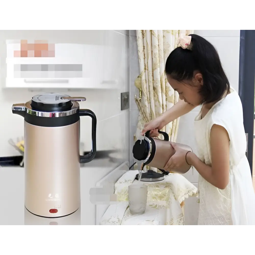 Pink 1.8l rose gold stainless steel electric kettle double insulated with black handle and sleek modern design