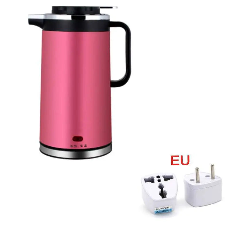 Pink 1.8l stainless steel electric kettle double insulated with black handle and lid accents for efficient boiling
