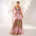 Pink and gold mesh long sleeve sequins large swing dress featuring a flowing gown with a sheer capelet