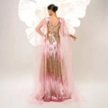 Pink and gold mesh long sleeve sequins large swing dress featuring a shimmering pink and gold sequined gown with sheer overlay sleeves