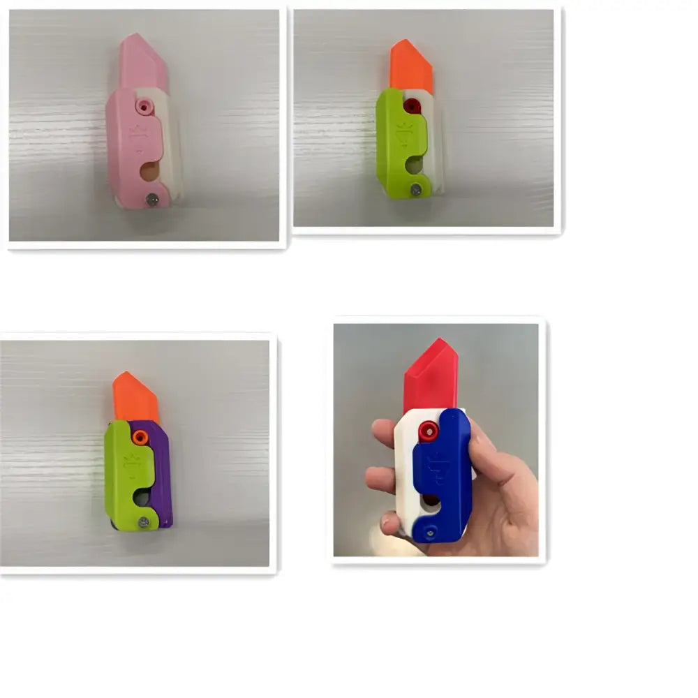 Colorful plastic lime radish knife with bright orange blade and multi-colored handle in pink and lime gravity cub toy