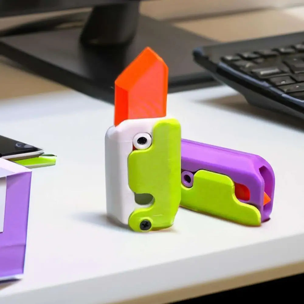 Brightly colored lime radish knife gravity cub toy with lime green body, white head, and orange top in cartoon style
