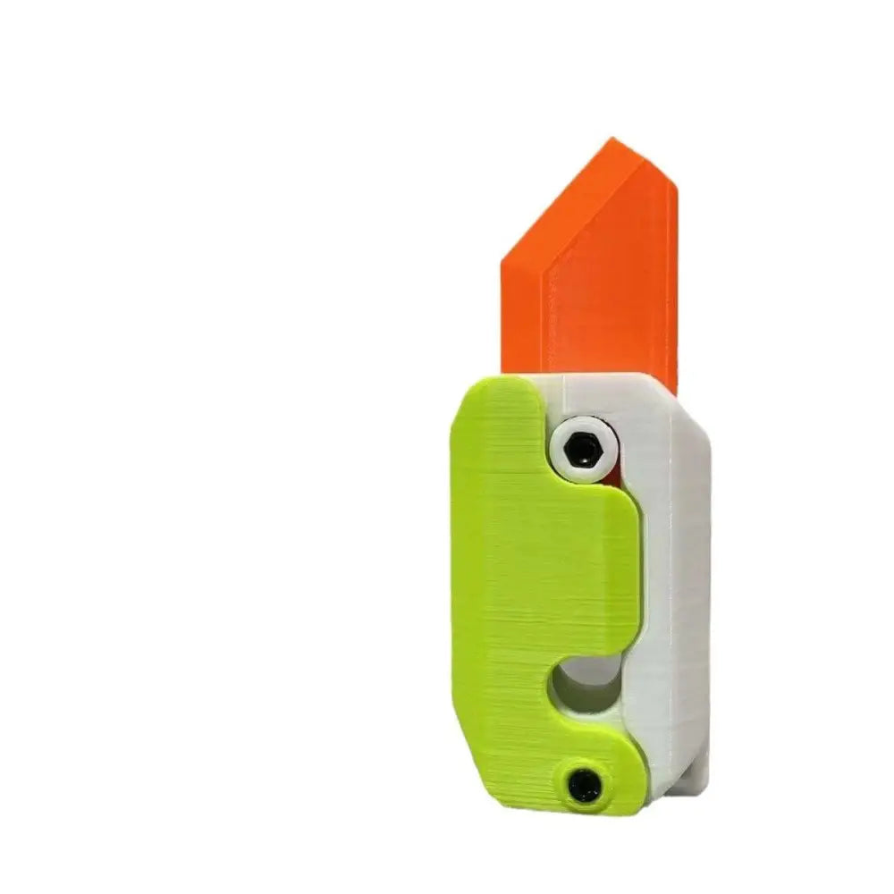 Bright orange blade in lime green and white plastic sheath of lime radish knife gravity cub toy for printing gravity cub