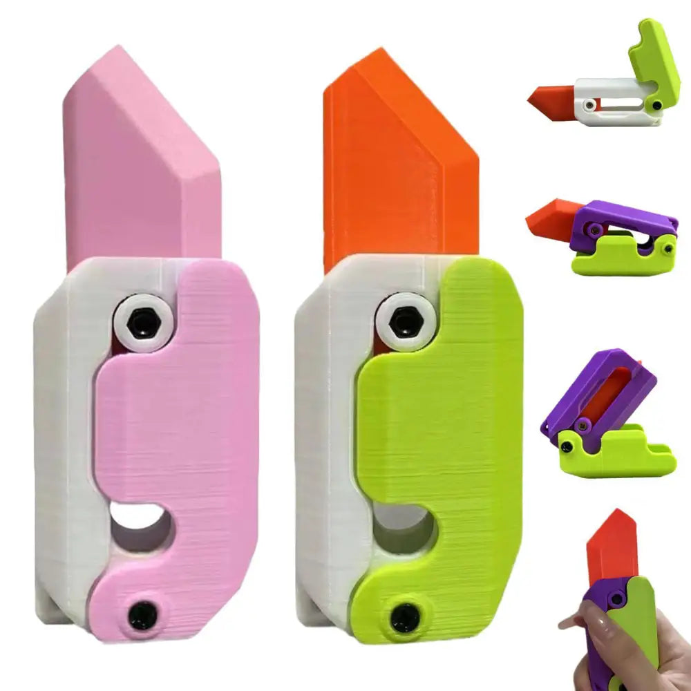 Pink and lime radish knife gravity cub toy featuring plastic utility knives with colorful ergonomic handles for printing gravity cub use