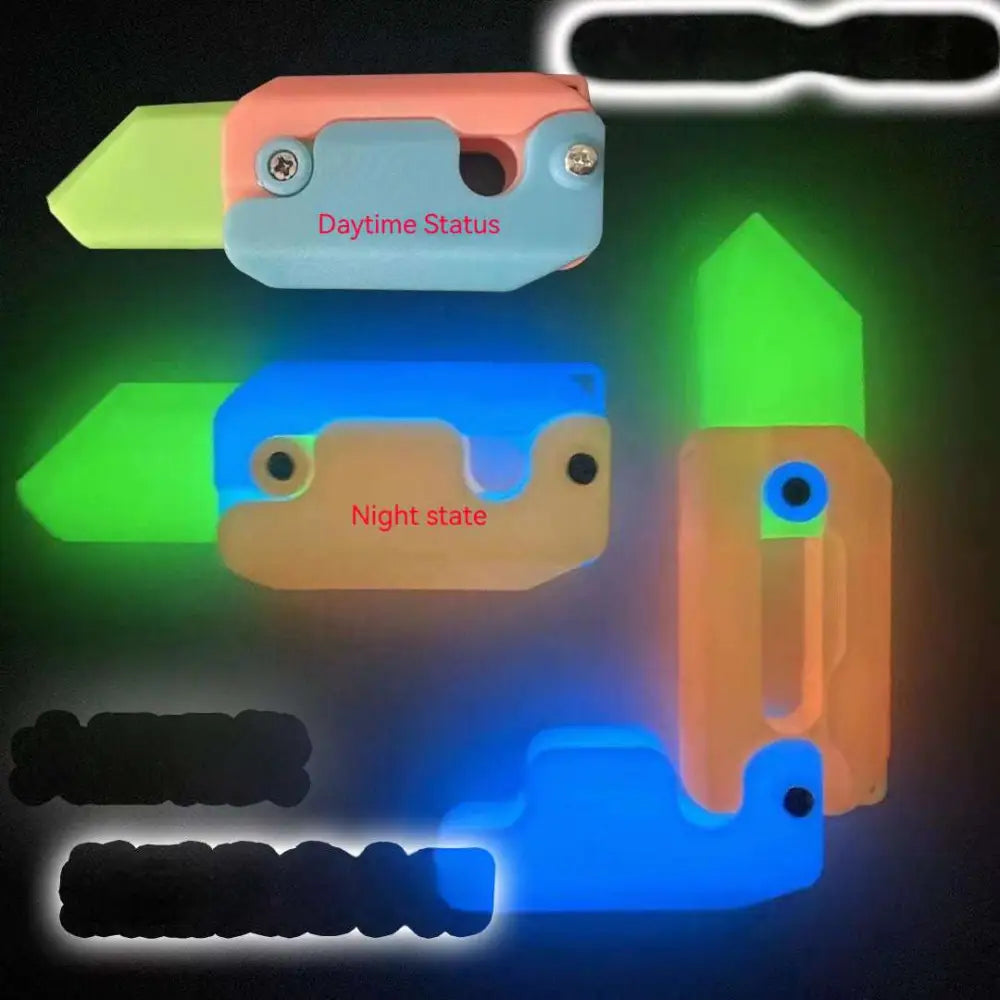 Colorful glow-in-the-dark folding lime radish knife with plastic handle and metallic blade gravity cub toy