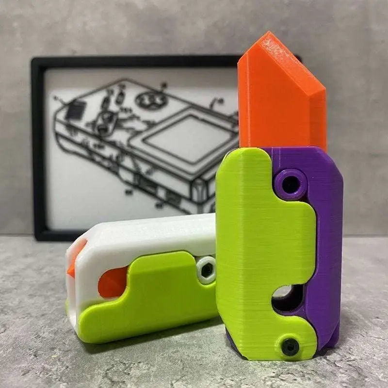 Vibrant multi-colored 3d-printed gravity cub toy lime radish knife with lime green body and purple accents