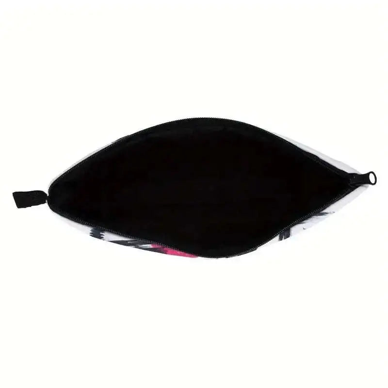 Pink and white cosmetics pattern zipper makeup bag with black interior lining for organized storage