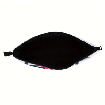 Pink and white cosmetics pattern zipper makeup bag with black interior lining for organized storage