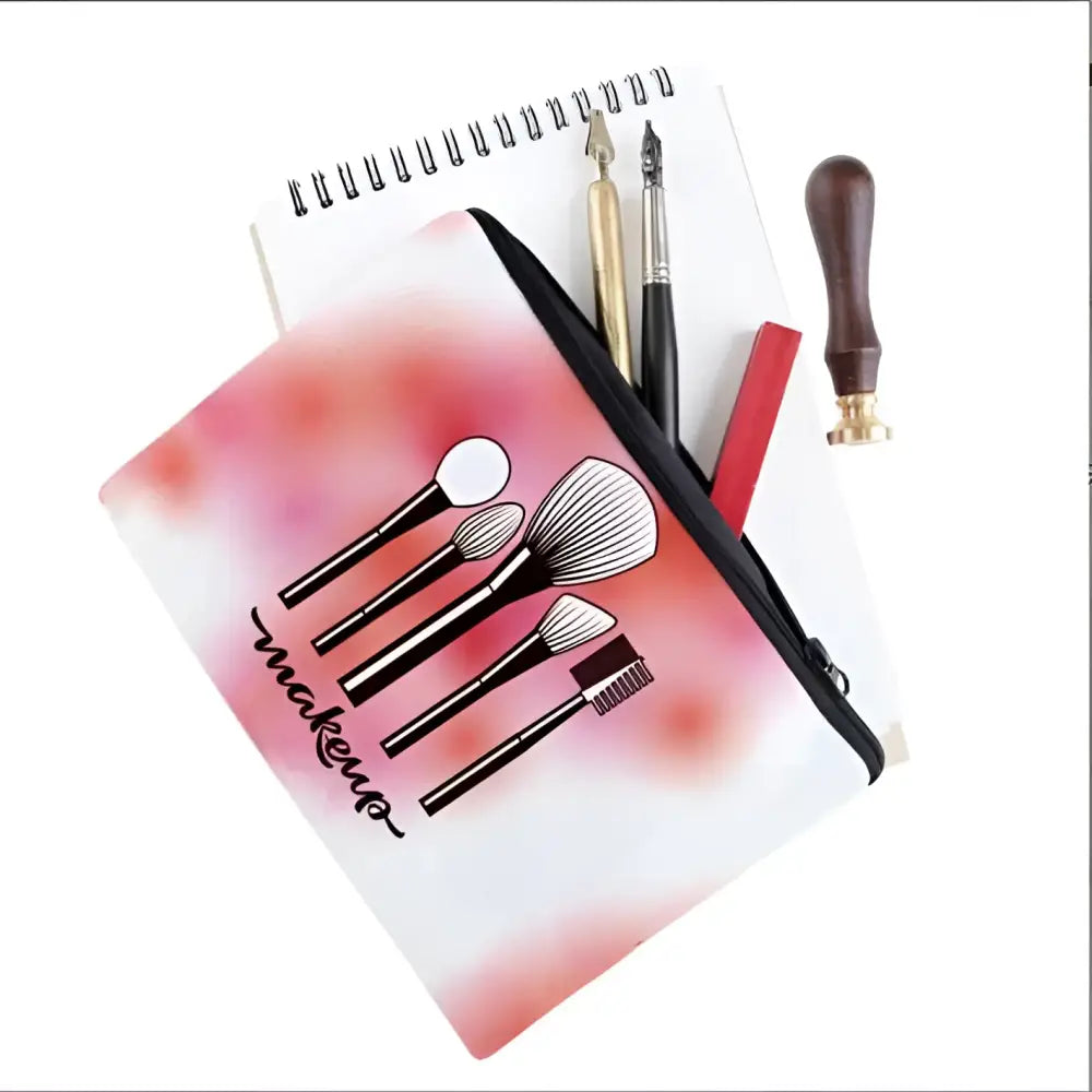 Pink and white cosmetics pattern zipper makeup bag with black interior lining for organized storage