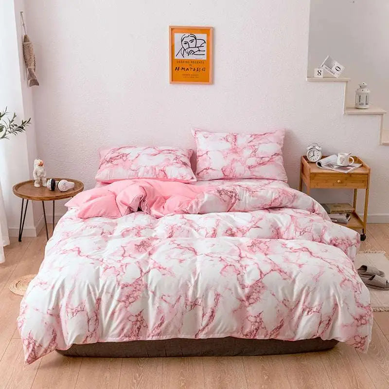 Pink and white marble bed sheets set featuring a duvet cover with elegant marble pattern for white marble bed use