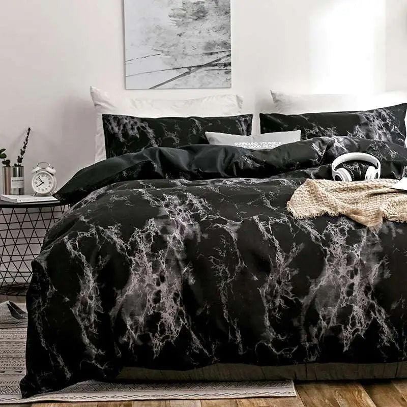 Pink and white marble bed sheets set featuring a marble pattern duvet cover and white marble bed design