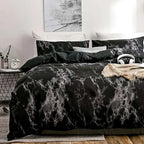 Black and white marble-patterned duvet cover set for a white marble bed featuring elegant marble bed sheets design