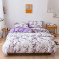 Purple and white marble-patterned duvet cover with soft satin finish for elegant white marble bed sheets set