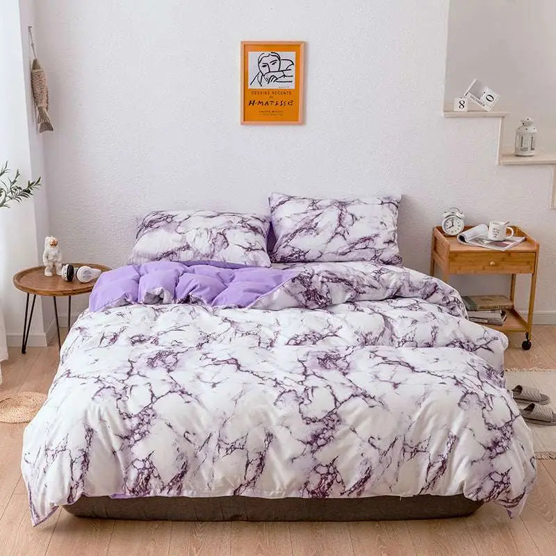 Purple and white marble-patterned duvet cover with soft satin finish for elegant white marble bed sheets set