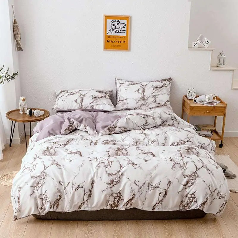 White and gray marble bed sheets set with satin finish and marble duvet cover for a soft luxurious white marble bed