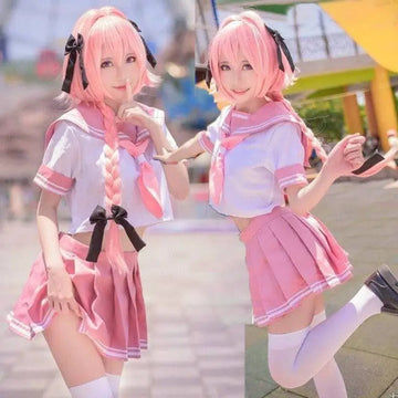 Pink and white sailor suit cosplay costume fgo with black ribbon accents featuring a pink plush cat accessory
