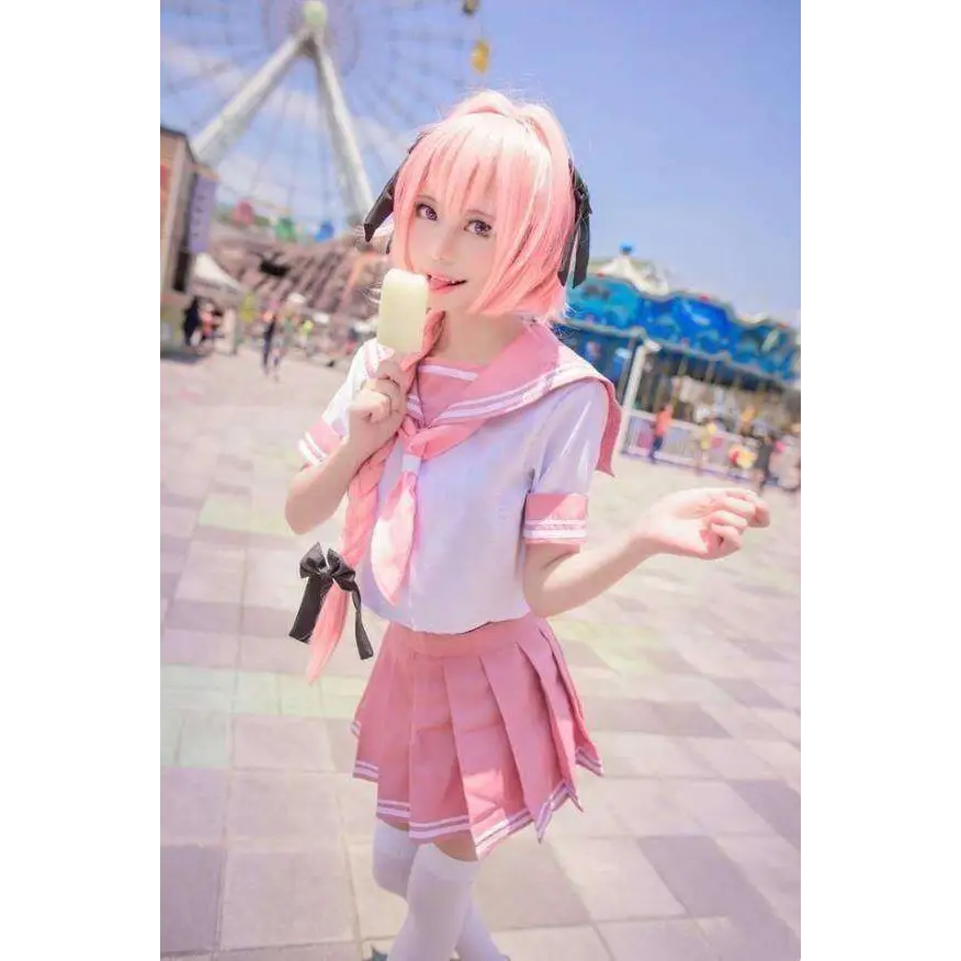 Pink and white sailor suit cosplay costume fgo featuring short-sleeved top and pleated skirt with white knee-high socks