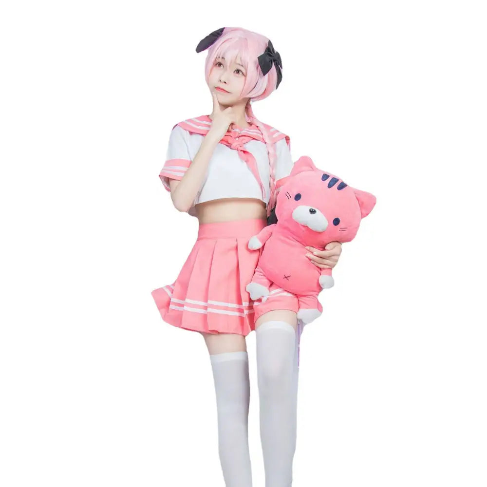 Pink plush cat stuffed toy with black ears and white accents in sailor suit cosplay costume fgo design