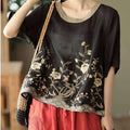 Black linen pink art retro embroidery round neck top with delicate beige floral and bird embroidery and tan trim