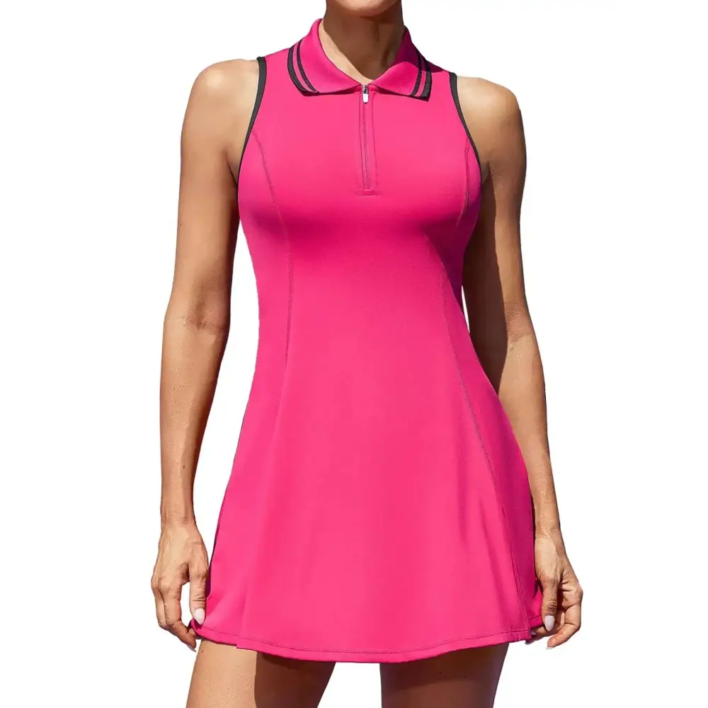 Pink attraco exercise dress in bright pink with black trim features classic tennis style and built-in shorts for active wear