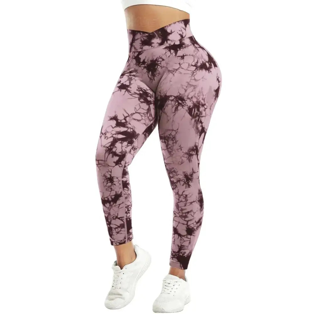 Pink black tie dye high waisted leggings with tummy control designed for yoga and active wear