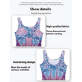 Vibrant luxury women’s fashion tank top with 3d pink blue floral pattern and blue sequined luxury embellishments