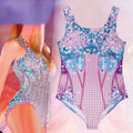 A pink blue sequined luxury women’s fashion bikini swimsuit with intricate patterns and shimmering gradient design