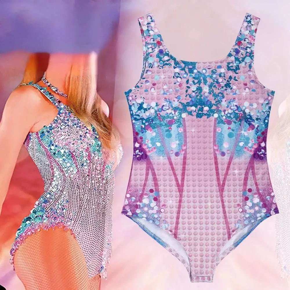 A pink blue sequined luxury women’s fashion bikini swimsuit with intricate patterns and shimmering gradient design