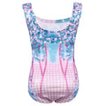 A shimmering blue and pink sequined luxury women’s fashion bikini swimsuit with a fitted silhouette and sparkling embellishments