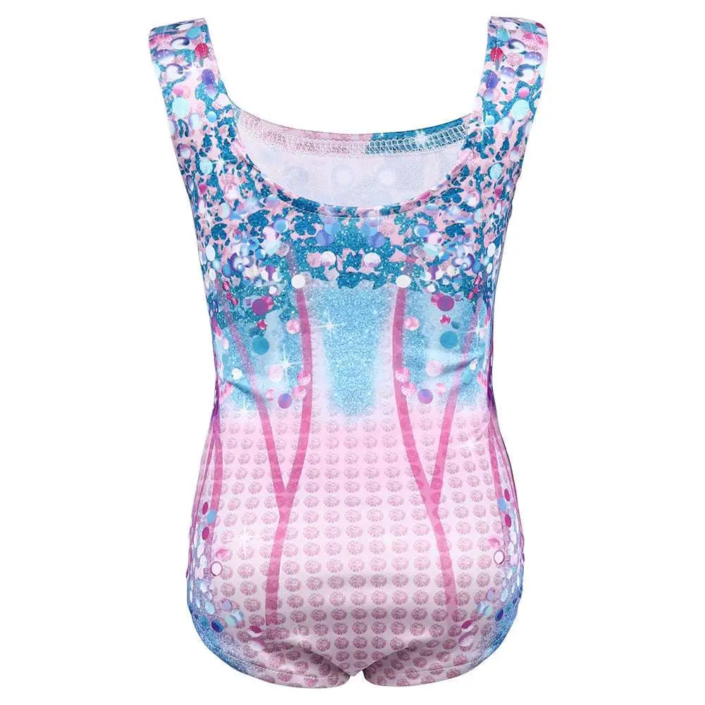 A shimmering blue and pink sequined luxury women’s fashion bikini swimsuit with a fitted silhouette and sparkling embellishments