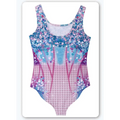 A luxury women’s fashion bikini swimsuit with a blue to pink gradient sequined shimmer and glitter pattern