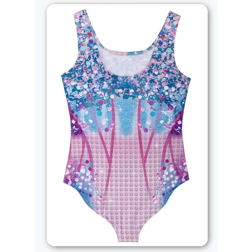 A luxury women’s fashion bikini swimsuit with a blue to pink gradient sequined shimmer and glitter pattern