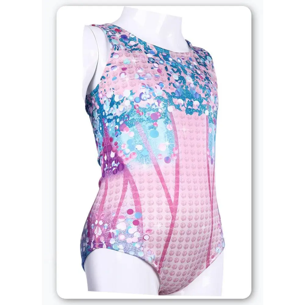 A shimmering pink and blue sequined luxury women’s fashion bikini swimsuit with a sparkling abstract pattern