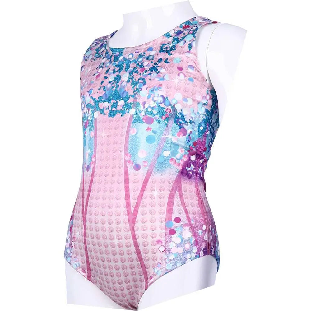 A vibrant pink and blue sequined luxury women’s fashion bikini swimsuit with a shimmering abstract pattern