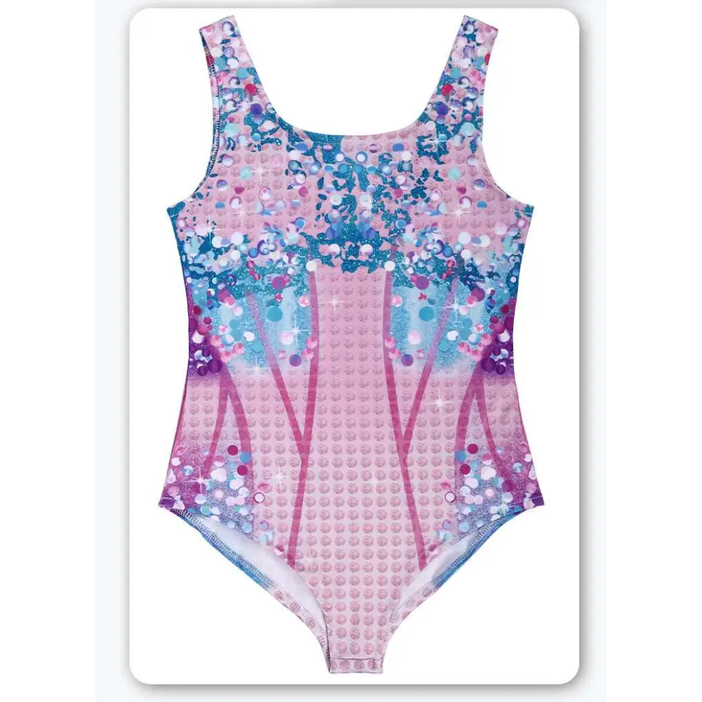 Pink blue sequined luxury women’s fashion one-piece swimsuit with a glittery gradient pattern of circles