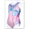A vibrant pink and blue sequined luxury women’s fashion bikini swimsuit with a glittery abstract circular pattern