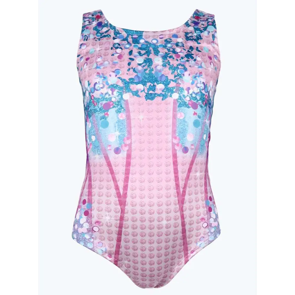 A pink blue sequined luxury women’s fashion bikini swimsuit with intricate patterns and shimmering gradient design