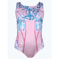 Pink blue sequined luxury women’s fashion bikini swimsuit with glittery floral pattern and blue sequined luxury accents