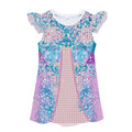 A shimmering pastel pink and blue sequined luxury women’s fashion dress with flutter sleeves and white round neckline