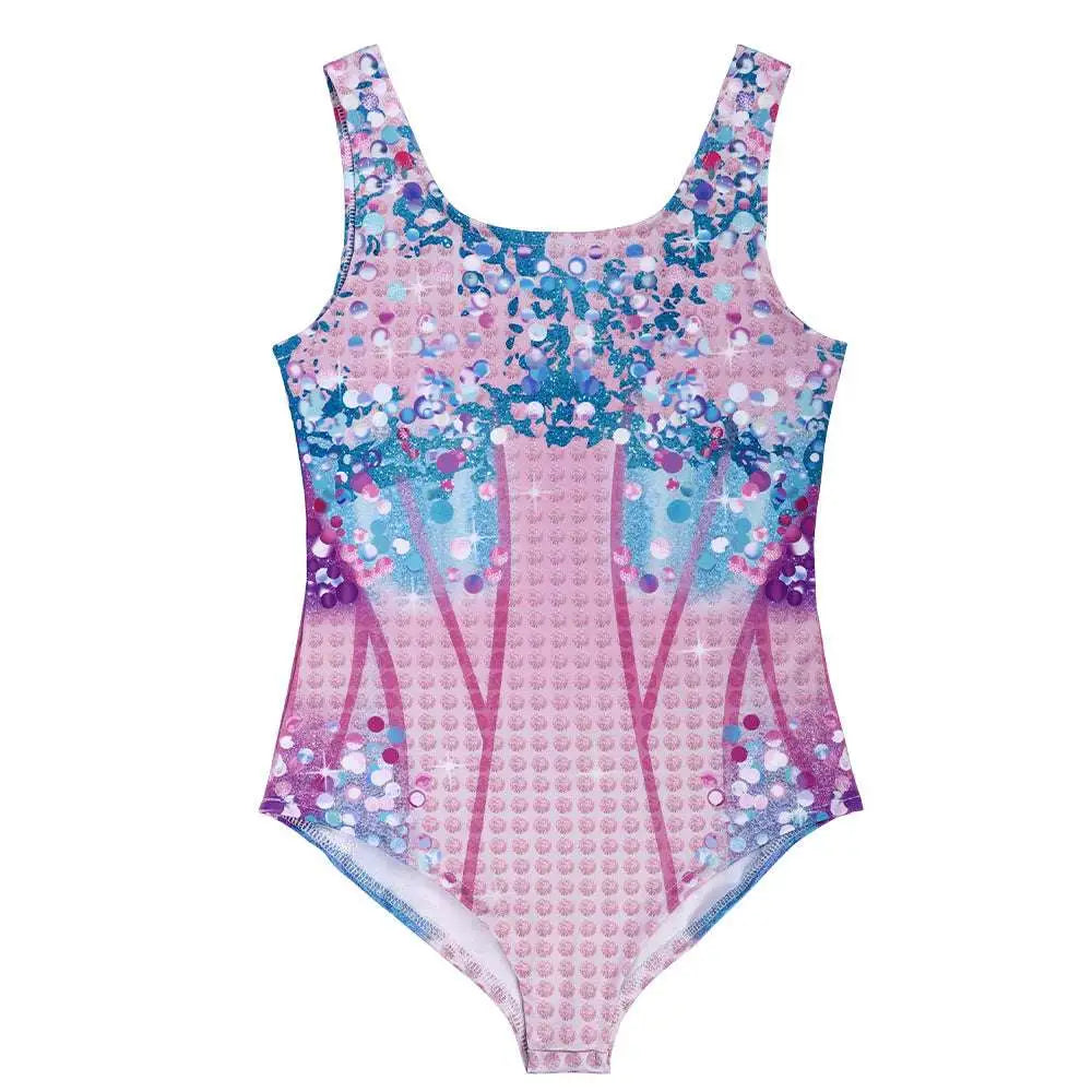 A luxury women’s fashion one-piece swimsuit with pink and blue sequined gradient design perfect for beachwear